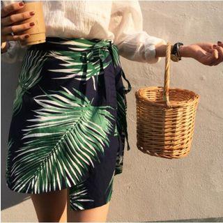 Leaf Print Wrap A-line Skirt