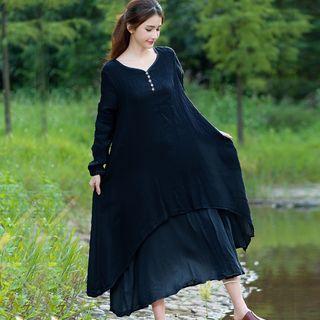 Layered Long-sleeve A-line Midi Dress