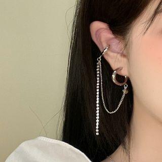 Chained Hoop Earring With Ear Cuff 1 Pc - Silver - One Size