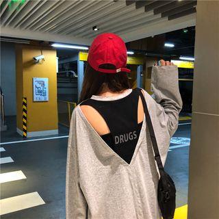 Lettering Long-sleeve Mock Two-piece T-shirt / Zip Front A-line Skirt