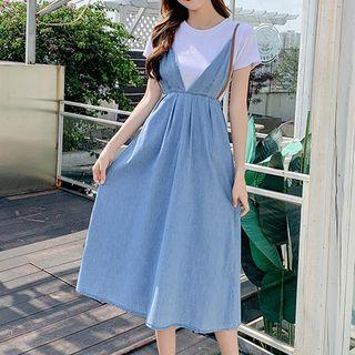 Plain Short-sleeve T-shirt / Denim Midi Suspender Dress / Set