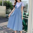Plain Short-sleeve T-shirt / Denim Midi Suspender Dress / Set