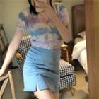 Short-sleeve Tie Dye Knit Top / Denim Skirt