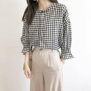 3/4-sleeve Checker Shirt Plaid - Black & White - One Size
