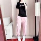 Short-sleeve Lettering Print T-shirt / Drawstring-cuff Cargo Pants / Set