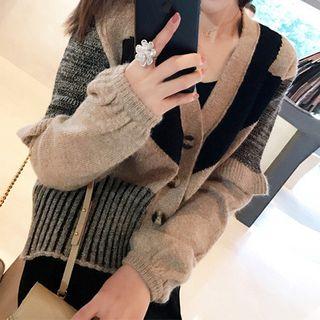 Lantern-sleeve V-neck Cardigan As Shown In Figure - One Size