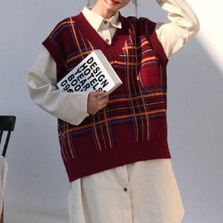 Long-sleeve Midi Shirtdress / Plaid Knit Vest