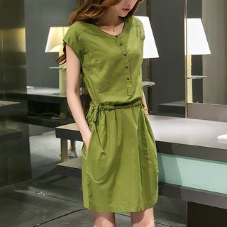 Drawstring Waist Cap-sleeve A-line Dress
