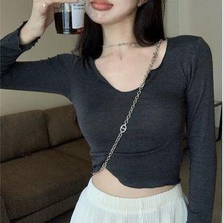 Long-sleeve Crop T-shirt / Ribbed Wide Leg Pants