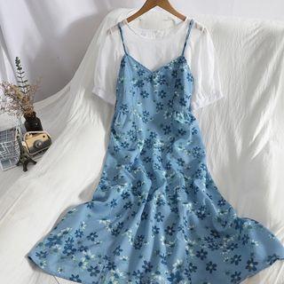 Set: Puff-sleeve Top + Floral Print Midi A-line Overall Dress