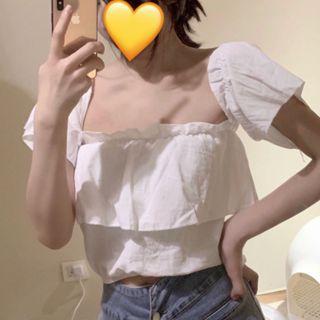 Short-sleeve Square Neck Ruffled Blouse