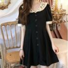 Short-sleeve Lace Panel Mini A-line Dress Black - One Size