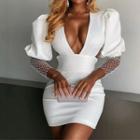 Puff-sleeve Rhinestone Mini Bodycon Dress