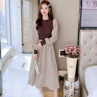 Mock Two-piece Knit Panel Floral Dress