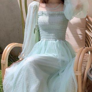 Balloon-sleeve Square-neck Midi Dress
