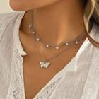 Layered Faux Pearl Butterfly Necklace