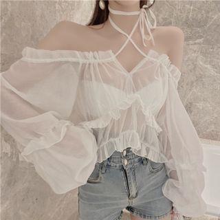 Balloon-sleeve Off-shoulder Halter Crop Top