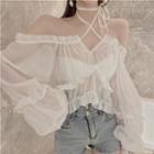 Balloon-sleeve Off-shoulder Halter Crop Top