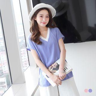 Contrast Neckline Chiffon Blouse
