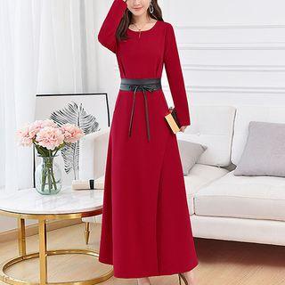 Long-sleeve Tie Waist Maxi A-line Dress
