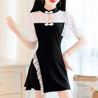 Set: Short-sleeve Lace Panel Mini A-line Dress + Fitted Skirt