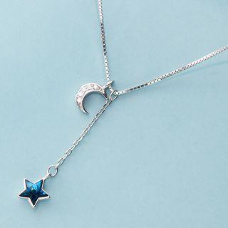 925 Sterling Silver Rhinestone Moon & Star Pendant Necklace Silver & Blue - One Size