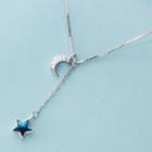 925 Sterling Silver Rhinestone Moon & Star Pendant Necklace Silver & Blue - One Size