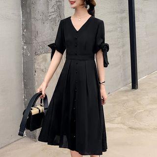 Plain Elbow-sleeve A-line Dress Black - 4xl