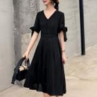 Plain Elbow-sleeve A-line Dress Black - 4xl