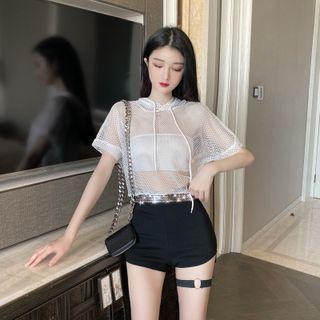 Short-sleeve Hooded Mesh Top / Tube Top / Hot Pants / Set