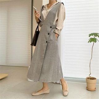 V-neck Button-trim Overall Dress