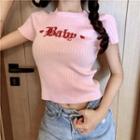 Short-sleeve Lettering Embroidered Crop Knit Top As Shown In Figure - One Size