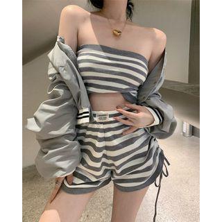 Set: Striped Tube Top + Drawstring-side Striped Shorts / Loose-fit Baseball Jacket