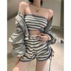 Set: Striped Tube Top + Drawstring-side Striped Shorts / Loose-fit Baseball Jacket