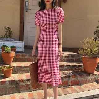 Short-sleeve Plaid Midi A-line Dress As Shown In Figure - One Size