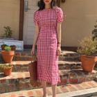 Short-sleeve Plaid Midi A-line Dress As Shown In Figure - One Size