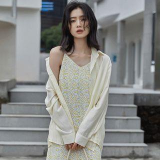 Plain Shirt / Spaghetti-strap Floral Print Midi A-line Dress