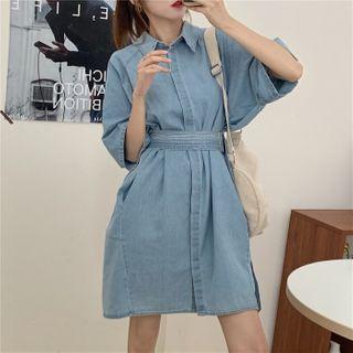 Tie-waist Elbow-sleeve Denim Shirtdress