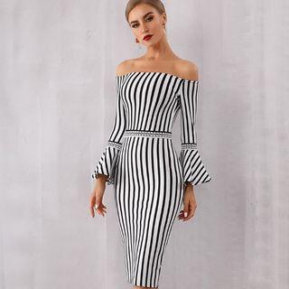 Bell Sleeve Off Shoulder Stripped Bandage Midi Dress