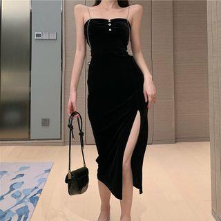 Spaghetti Strap Rhinestone Side-slit Midi Sheath Dress