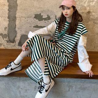 Mock Two-piece Long-sleeve Striped Midi Dress