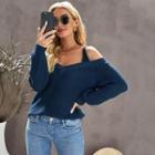 Off-shoulder V-neck Plain Knit Sweater