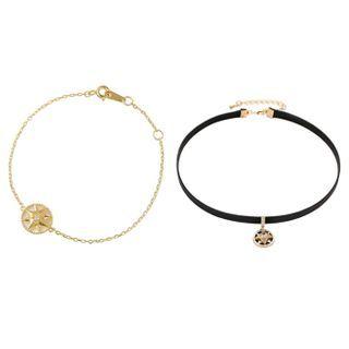 Set: Rhinestone Star Pendant Choker + Bracelet Set - Black Choker + Gold Bracelet - One Size