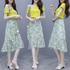 Set: Asymmetric Short-sleeve Top + Printed Midi Chiffon Skirt
