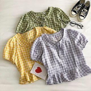 Color-block Plaid Lace-up Puff-sleeve Blouse
