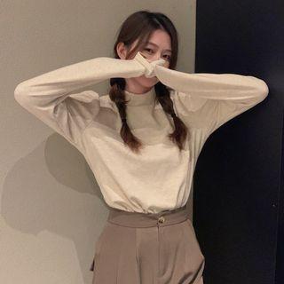 Plain Semi High-neck Long-sleeve T-shirt T-shirt - Almond - One Size