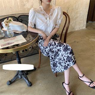 Puff-sleeve Lace Top / Floral Midi Skirt
