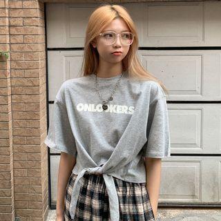 Elbow-sleeve Lettering Tied T-shirt