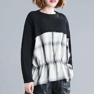 Long-sleeve Plaid Paneled Frill Trim Knit Top