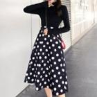 Set: Long-sleeve Mock-neck Top + Dotted A-line Midi Skirt